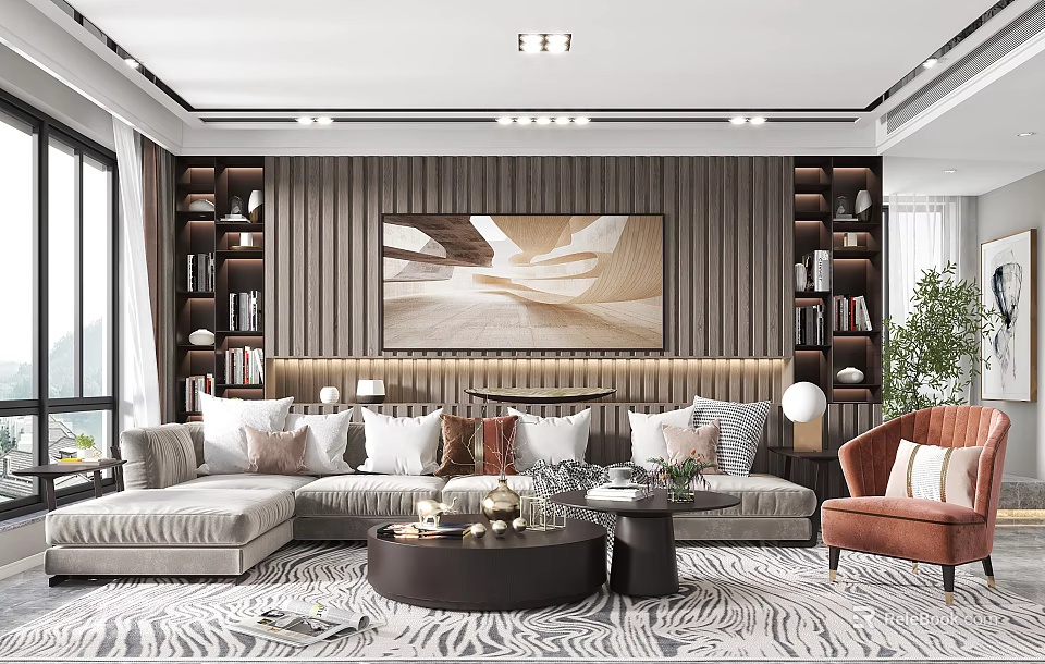 Modern Living Room Interior With Large Artwork Sofa Armchair Coffee Table And Zebra Rug 3d model 