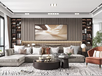 Modern Living Room Interior With Large Artwork Sofa Armchair Coffee Table And Zebra Rug 3d model