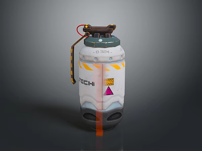 Explosive Military Weapon Featuring White Body Yellow Orange Stripes TECHI Label And Triangle Warning Sign 3d model