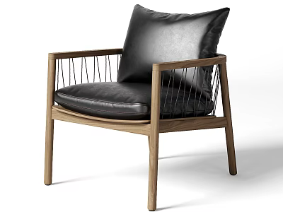 Modern Wooden Frame Leisure Chair With Black Leather Cushion And Slatted Armrests 3d model
