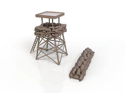 Military Defense Tower Structure With Metal Frame Platform And Stacked Sandbags 3d model