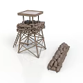 Military Defense Tower Structure With Metal Frame Platform And Stacked Sandbags