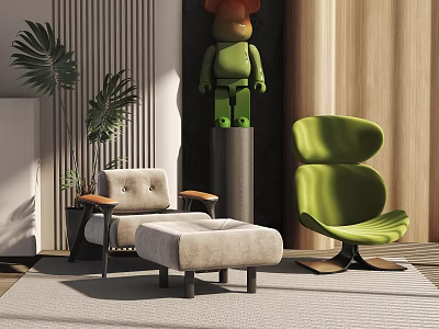 Modern Green Accent Chair with Beige Chair Ottoman Palm Plant and Wooden Decor on Rug 3d model