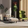 Modern Green Accent Chair with Beige Chair Ottoman Palm Plant and Wooden Decor on Rug