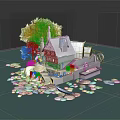 Cartoon Island Scene with Charming Wooden House Waterwheel Green Tree and Lily Pads on Lake