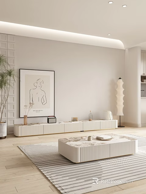 Modern Living Room TV Stand With Decorative Vase Books And Wall Art 3d model 