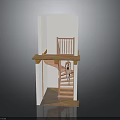 Detailed Miniature Architectural Model Featuring Wooden Staircase With Platform Pink Chair And Climbing Figure