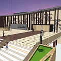 Museum Building With Wooden Structure Large Wheel Decorations And Pedestrians In Evening Sky