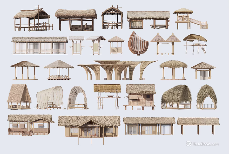 Various Traditional Wooden House Designs With Thatched Roofs And Unique Structures 3d model 