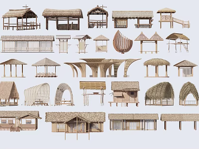 Various Traditional Wooden House Designs With Thatched Roofs And Unique Structures 3d model