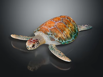 Vibrant Colorful Sea Turtle With Intricate Shell On Reflective Black Surface 3d model