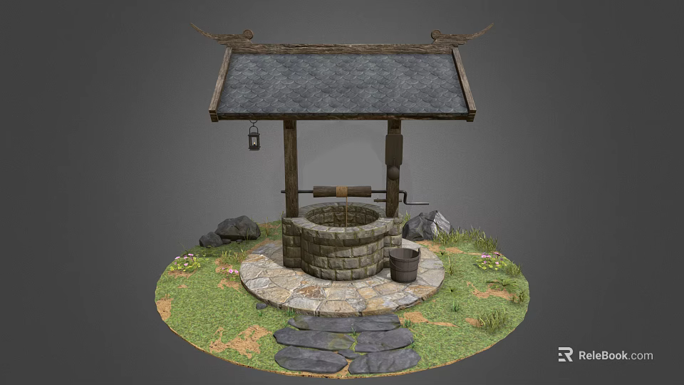 Traditional Garden Well with Wooden Roof Stone Platform Hanging Lantern and Grass Stone Path 3d model 