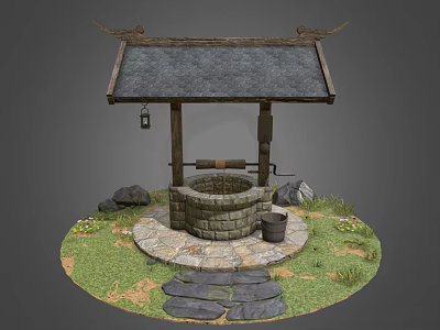 Traditional Garden Well with Wooden Roof Stone Platform Hanging Lantern and Grass Stone Path 3d model