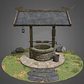 Traditional Garden Well with Wooden Roof Stone Platform Hanging Lantern and Grass Stone Path