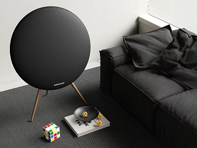 Black Round Audio Speaker on Tripod Stand in Living Room with Black Sofa Gray Carpet 3d model
