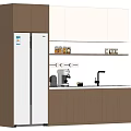 Contemporary Kitchen Interior Featuring Brown Refrigerator Cabinet White Refrigerator And Wooden Cabinets