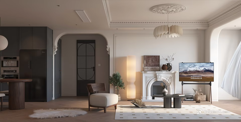 Elegant Modern Living and Dining Room Interior With Fireplace Chandelier Sofa TV Artwork and Rug 3d model 