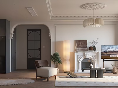 Elegant Modern Living and Dining Room Interior With Fireplace Chandelier Sofa TV Artwork and Rug 3d model