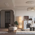 Elegant Modern Living and Dining Room Interior With Fireplace Chandelier Sofa TV Artwork and Rug
