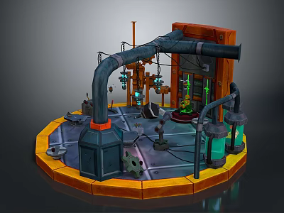 Plant Growth On Circular Platform With Mechanical Pipes And Laboratory Apparatus 3d model