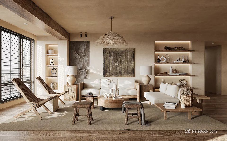 Elegant Modern Living Room Interior With Sofa Coffee Table Pendant Light And Decorative Shelves 3d model 