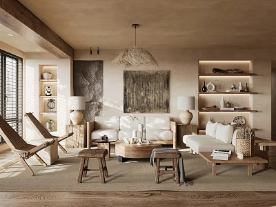 Elegant Modern Living Room Interior With Sofa Coffee Table Pendant Light And Decorative Shelves 3d model