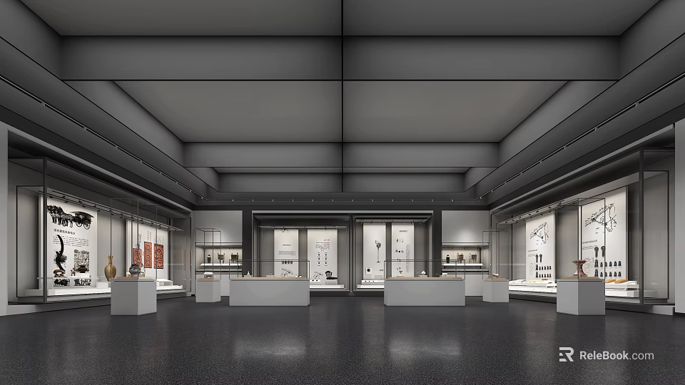 Modern Exhibition Hall Interior Design With Glass Display Cases And White Platforms 3d model 