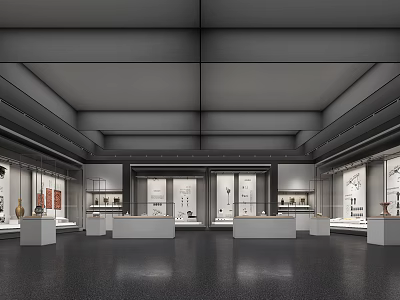Modern Exhibition Hall Interior Design With Glass Display Cases And White Platforms 3d model