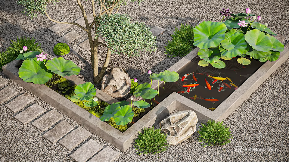 Landscaped Tree Pit with Decorative Stones Lotus Leaves Small Koi Pond Grass and Stone Paths 3d model 