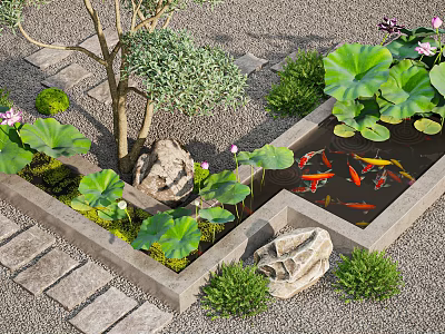 Landscaped Tree Pit with Decorative Stones Lotus Leaves Small Koi Pond Grass and Stone Paths 3d model
