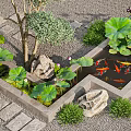 Landscaped Tree Pit with Decorative Stones Lotus Leaves Small Koi Pond Grass and Stone Paths