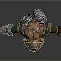 Green and Gold Armored Character With Diver Helmet Red Lights and Arm Mounted Weapon