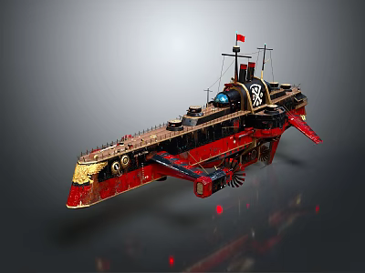 Steampunk Warship With Red Hull Black Deck Mechanical Wheels And Flag 3d model