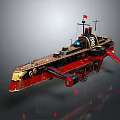Steampunk Warship With Red Hull Black Deck Mechanical Wheels And Flag
