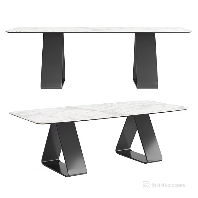 Modern Dining Table with White Marble Texture Tabletop and Black A shaped Legs Design 3d model