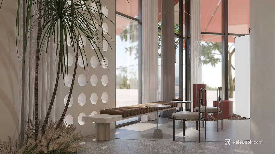 Modern Indoor Lounge Space With Circular Hole Wall Plants Bench And Large Windows 3d model 