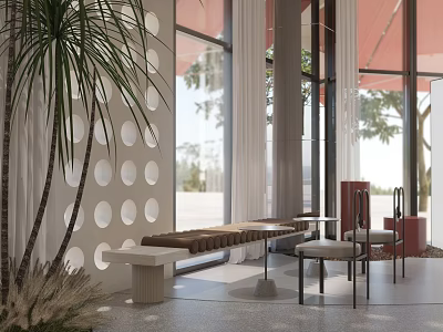 Modern Indoor Lounge Space With Circular Hole Wall Plants Bench And Large Windows 3d model