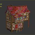 Picturesque Rural Scenery With Half Timbered House Red Tiled Roof Red Door And Blue Windows