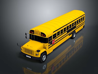 Yellow School Bus With Black Stripes Multiple Windows And Reflective Surface On Gray Background 3d model