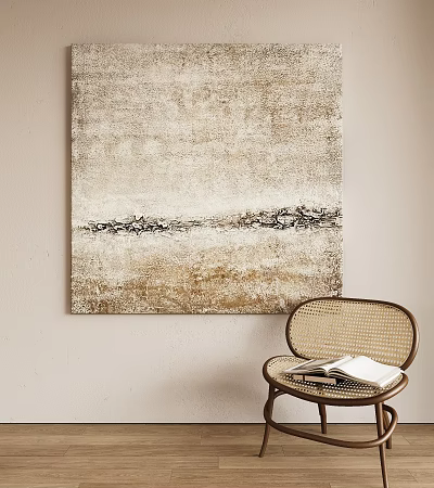 Neutral Toned Abstract Painting With Horizontal Black Lines Near Wicker Chair 3d model