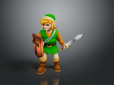 Game Movie Character In Green Outfit Green Hat Blonde Hair Holding Shield Sword 3d model