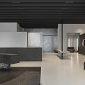 Minimalist Modern Clothing Store Interior With Gray Counter And Hanging Clothes