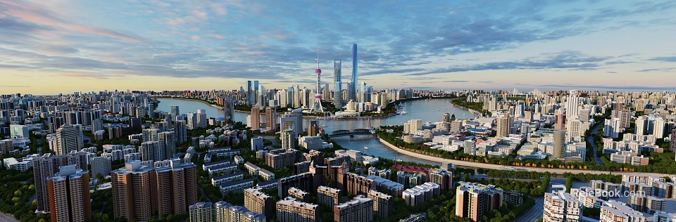 Detailed Aerial Planning of Urban Cityscape with River Skyscrapers Bridge and Green Spaces 3d model 