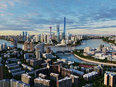 Detailed Aerial Planning of Urban Cityscape with River Skyscrapers Bridge and Green Spaces 3d model