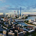 Detailed Aerial Planning of Urban Cityscape with River Skyscrapers Bridge and Green Spaces