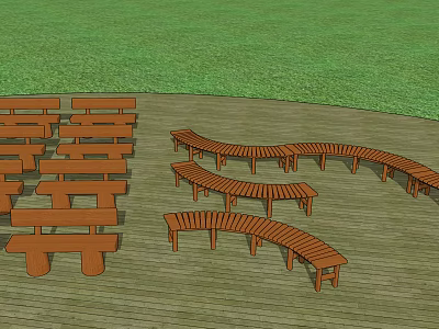 Wooden Landscape Seats With Curved And Straight Designs On Wooden Deck And Green Grass 3d model