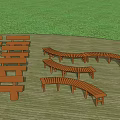 Wooden Landscape Seats With Curved And Straight Designs On Wooden Deck And Green Grass