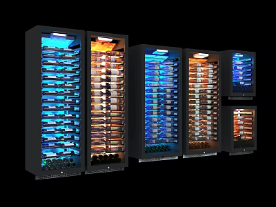 Modern Wine Refrigerators with Blue Orange Lighting and Organized Wine Bottles 3d model