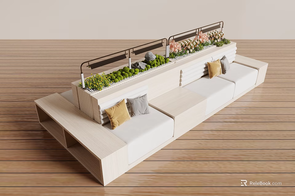 Modern Banquette Sofa With Wooden Structure Decorative Cushions And Green Plants 3d model 