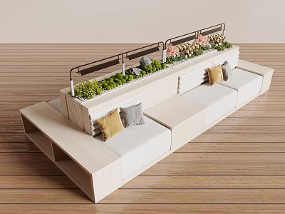 Modern Banquette Sofa With Wooden Structure Decorative Cushions And Green Plants 3d model